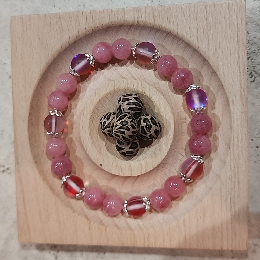 🔥 Natural Pink Chalcedony & Pink Aura Glass Crystal Beads Bracelet 7.5